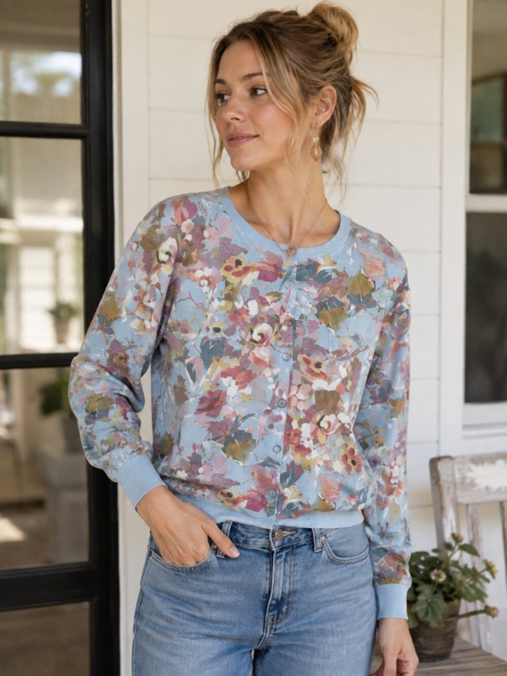 NWOT Sundance Floral Cotton Cardigan Sweater Blue Multicolor Size Medium